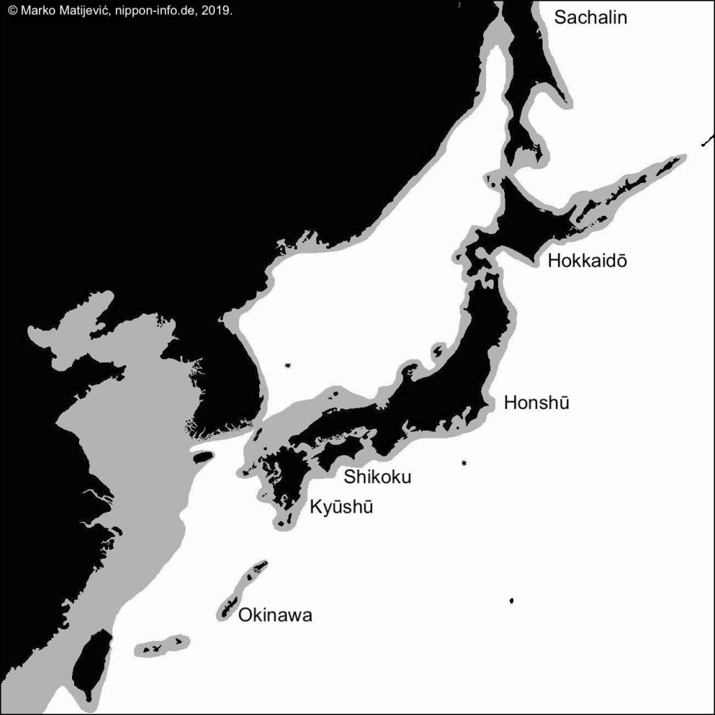 Küstenverlauf Japans vor ca. 20.000 Jahren.