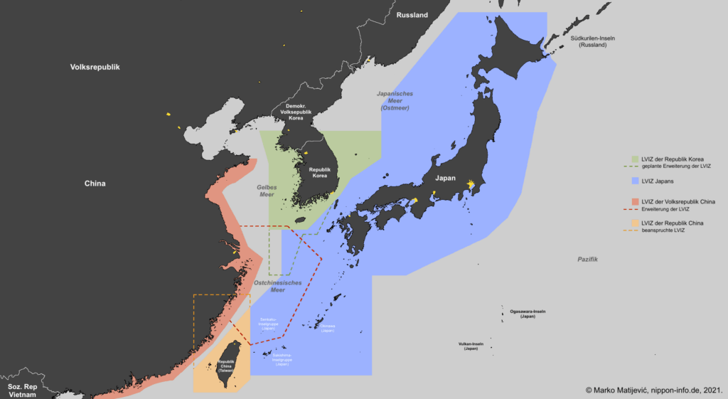 Japans, Chinas, Taiwans, Südkoreas Luftverteidigungs- und Identifikationszone
