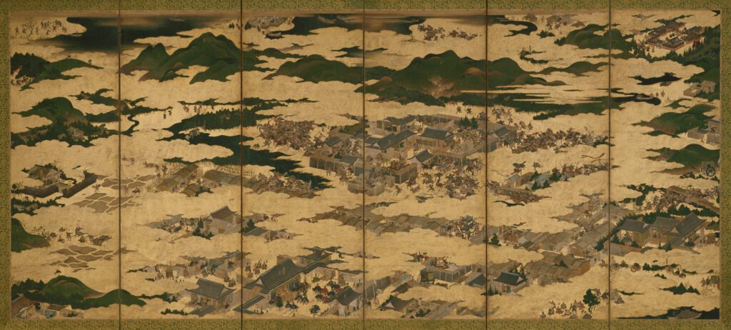 Abbildung eines Paravents mit Motiven des Hōgen no ran, Heian-Zeitalter