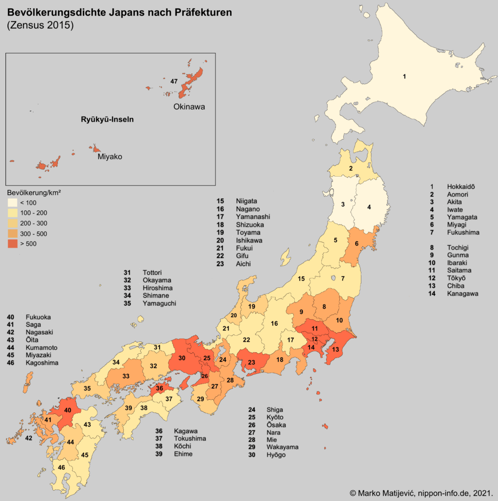 Karte der Bevölkerungsdichte in Japan, 2015