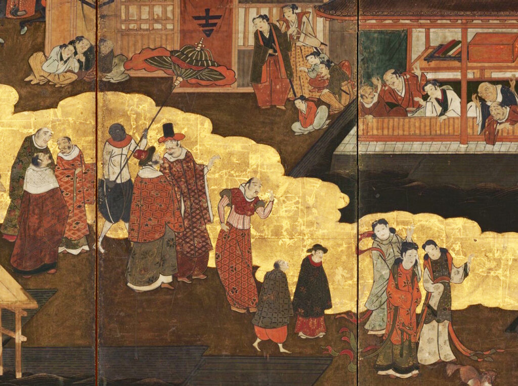 Abbildung eines japanischen Paravent mit Portugiesen in Japan