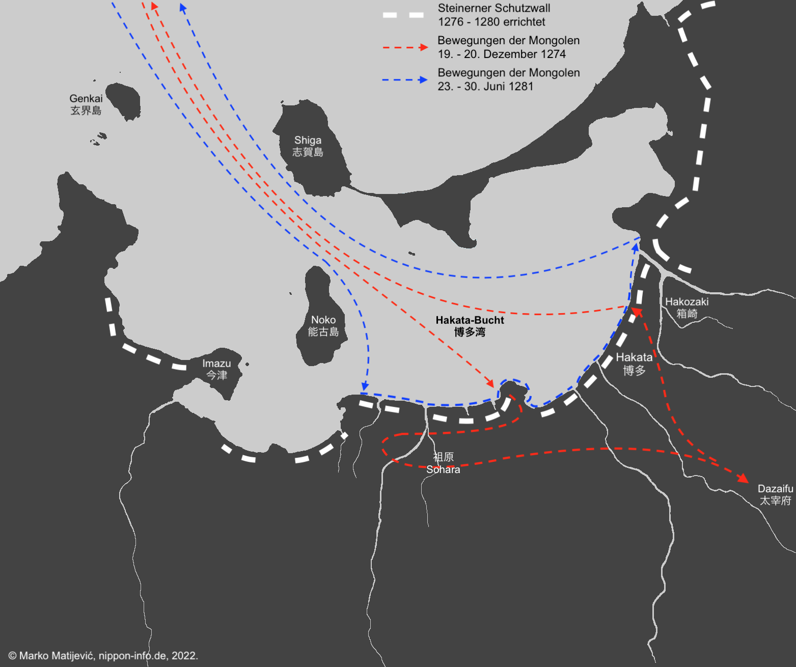 Karte der Landung der Mongolen in der Bucht von Hakata, Japan