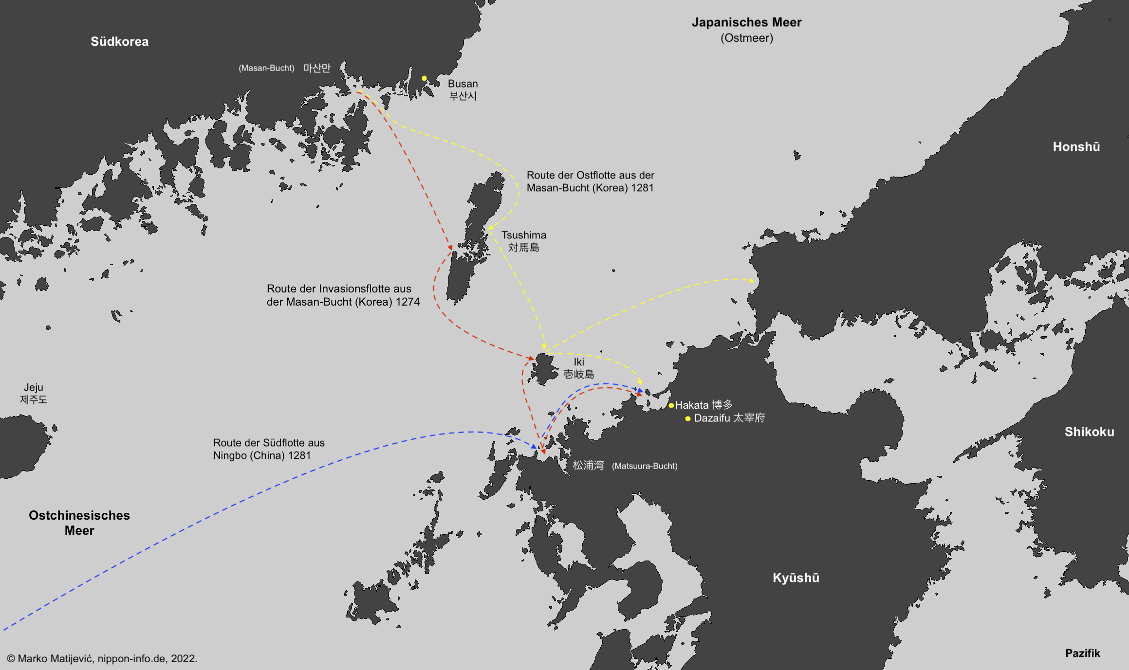 Karte der Routen der mongolischen Invasionsflotten nach Japan