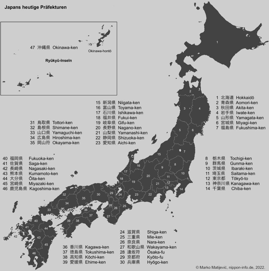 Karte der heutigen Präfekturen Japans