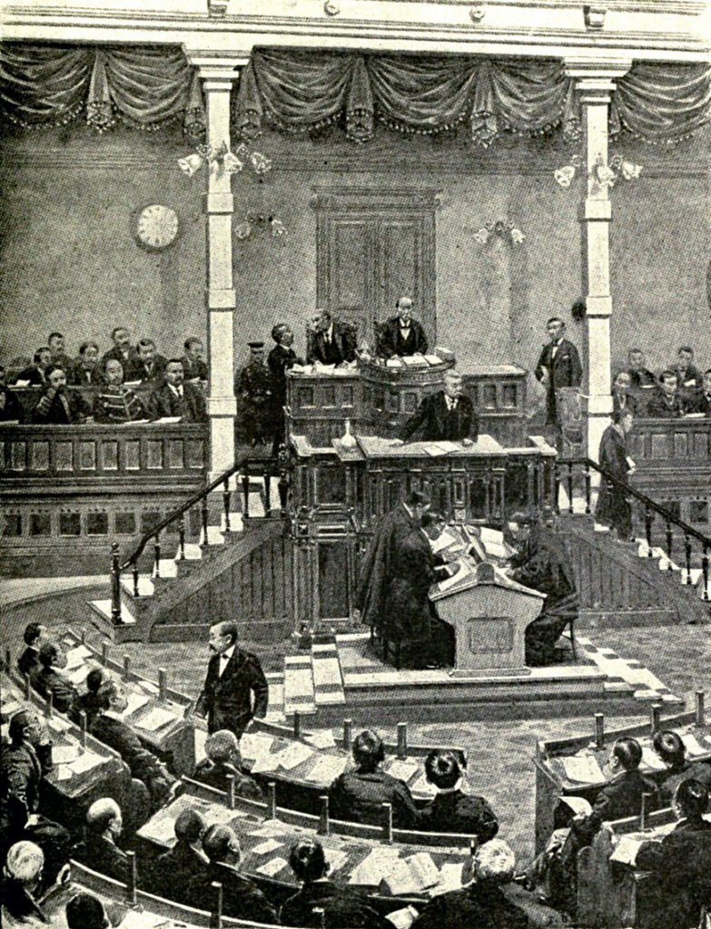 Lithografie einer Sitzung im ersten japanischen Parlament, 1915