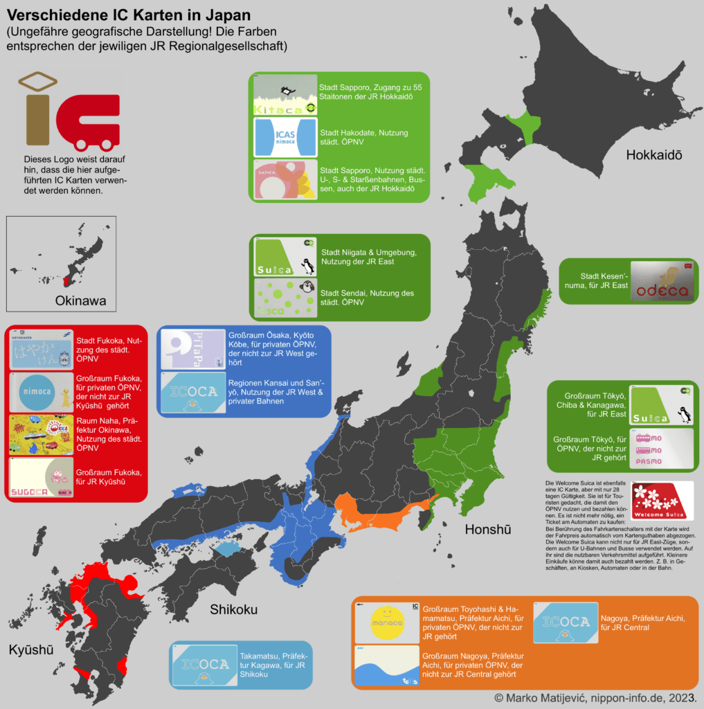 Geografische Karte der Nutzungsbereiche verschiedener IC Karten in Japan