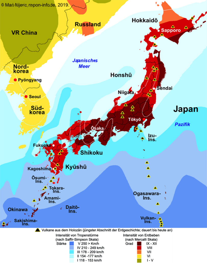 Karte der auf Japan einwirkenden Naturgewalten