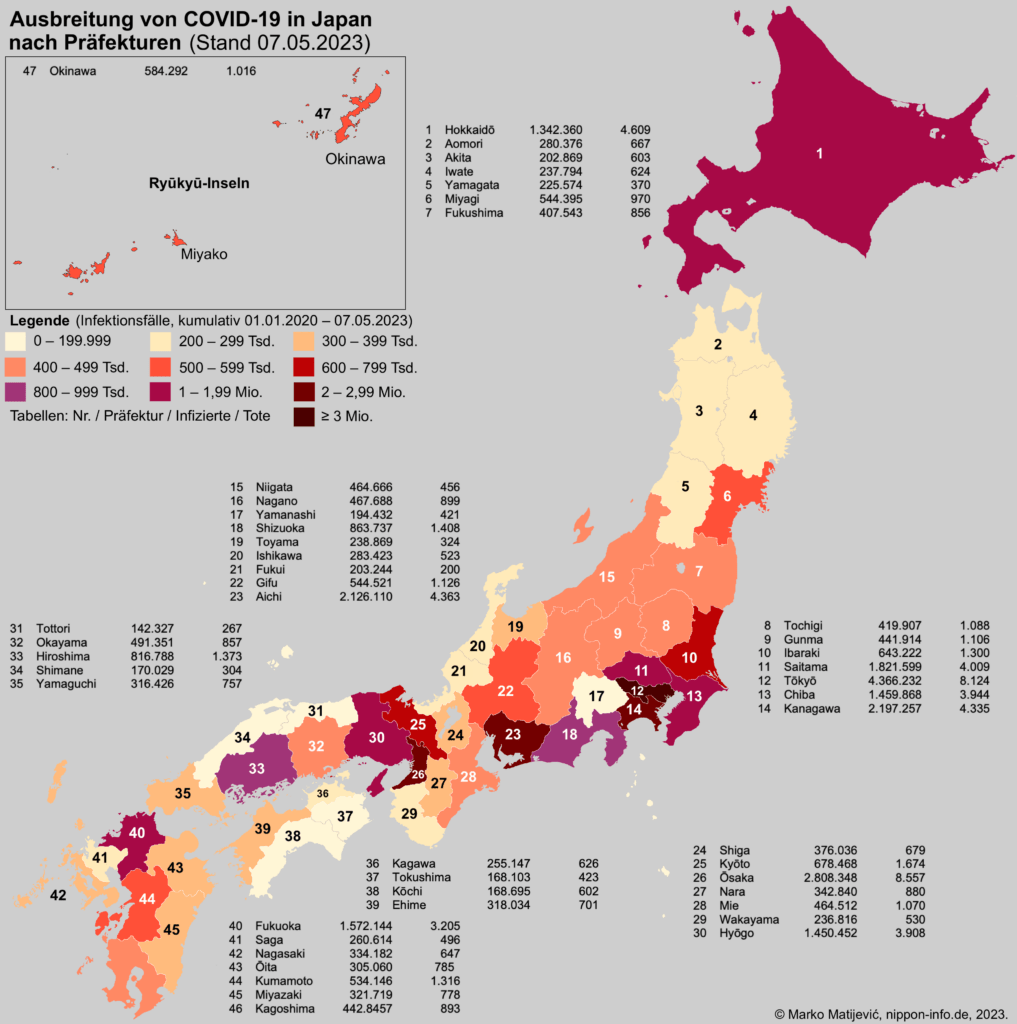 Karte der Ausbreitung von COVID-10 in Japan 2020 – 2023