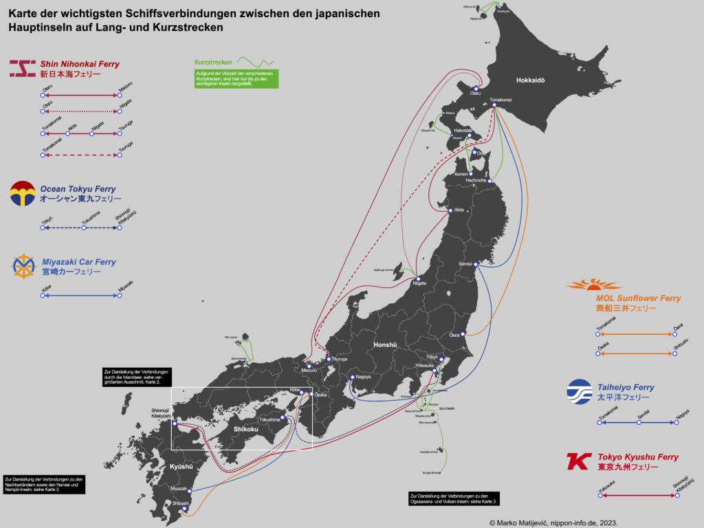 Karte der Schiffsverbindungen in Japan, Lang- u. Kurzstrecken zwischen den Hauptinseln