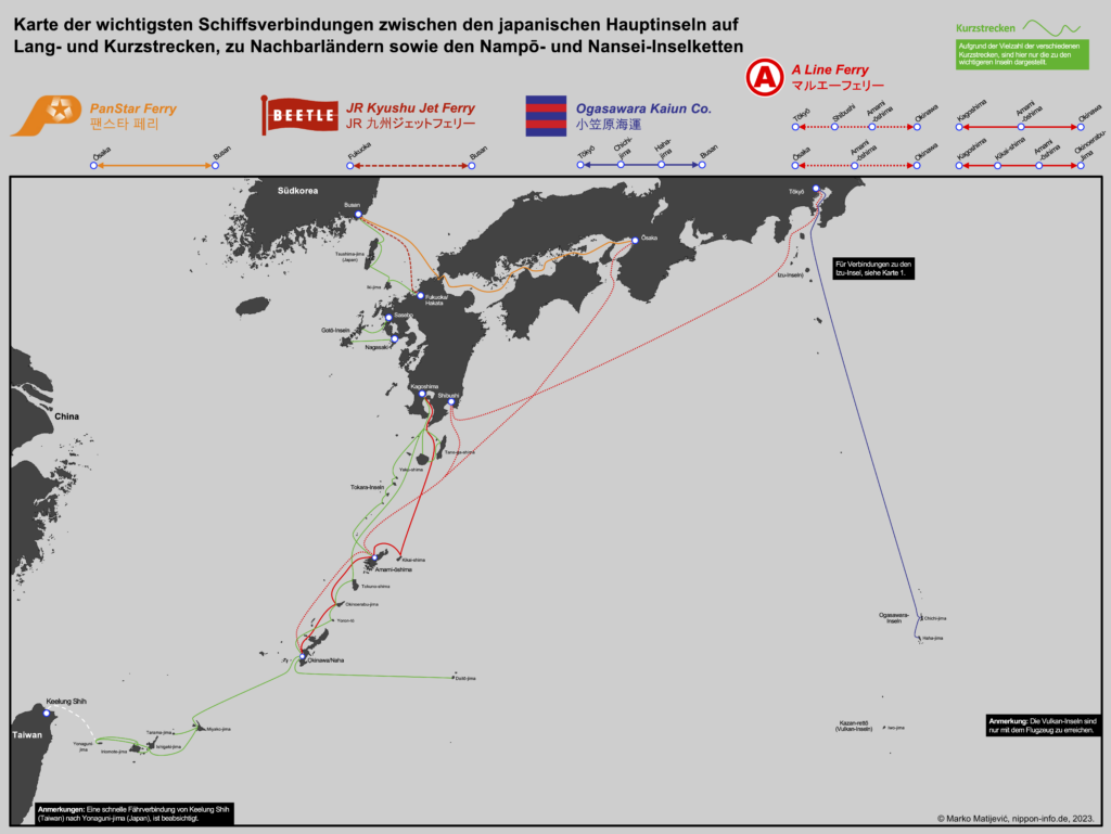 Karte der Schiffsverbindungen zu den außen liegenden Inselketten Japans und Nachbarländern.