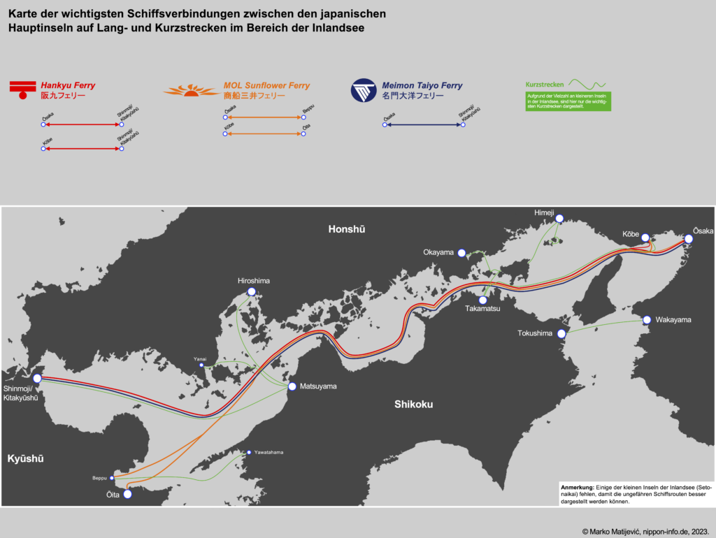 Karte der Schiffsverbindungen auf Lang- u. Kurzstrecken in der japanischen Inlandsee