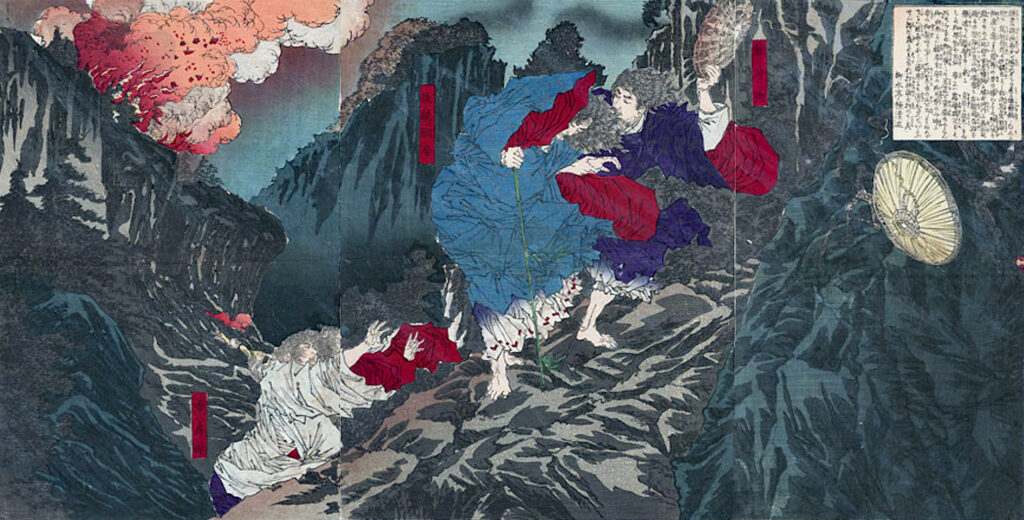 Farbholzschnitt der Flucht Go-Daigos; von Tsukioka Yoshitoshi 1880
