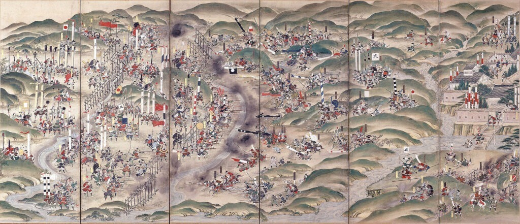 Sechsteiliger Paravent mit der Schlacht von Nagashino, 1575.