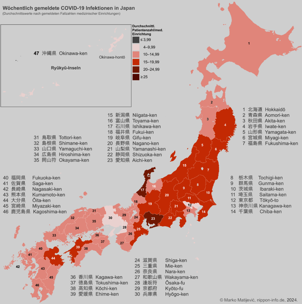 Karte Japans mit den wöchentlich gemeldeten COVID-19 Infektionen nach Präfekturen