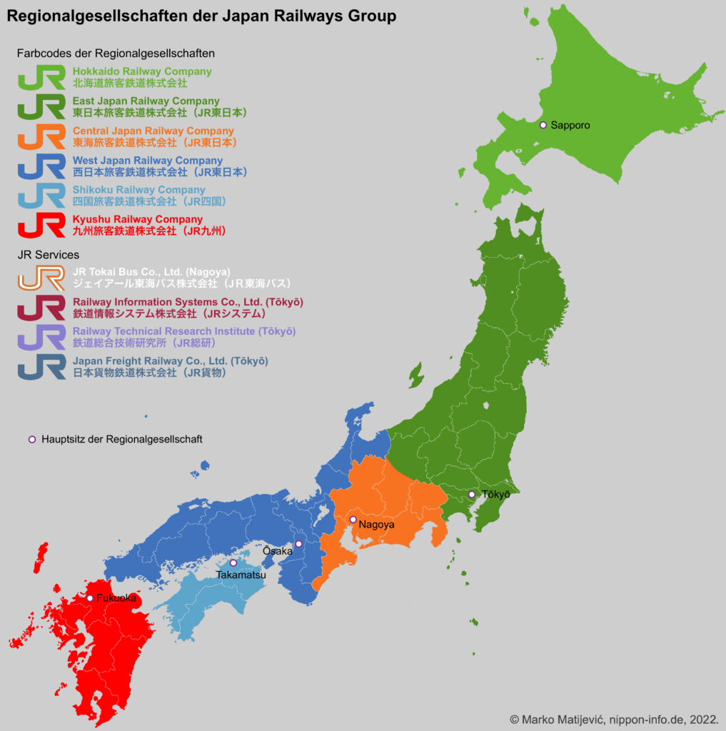 Karte der regionalen Bahngesellschaften in Japan