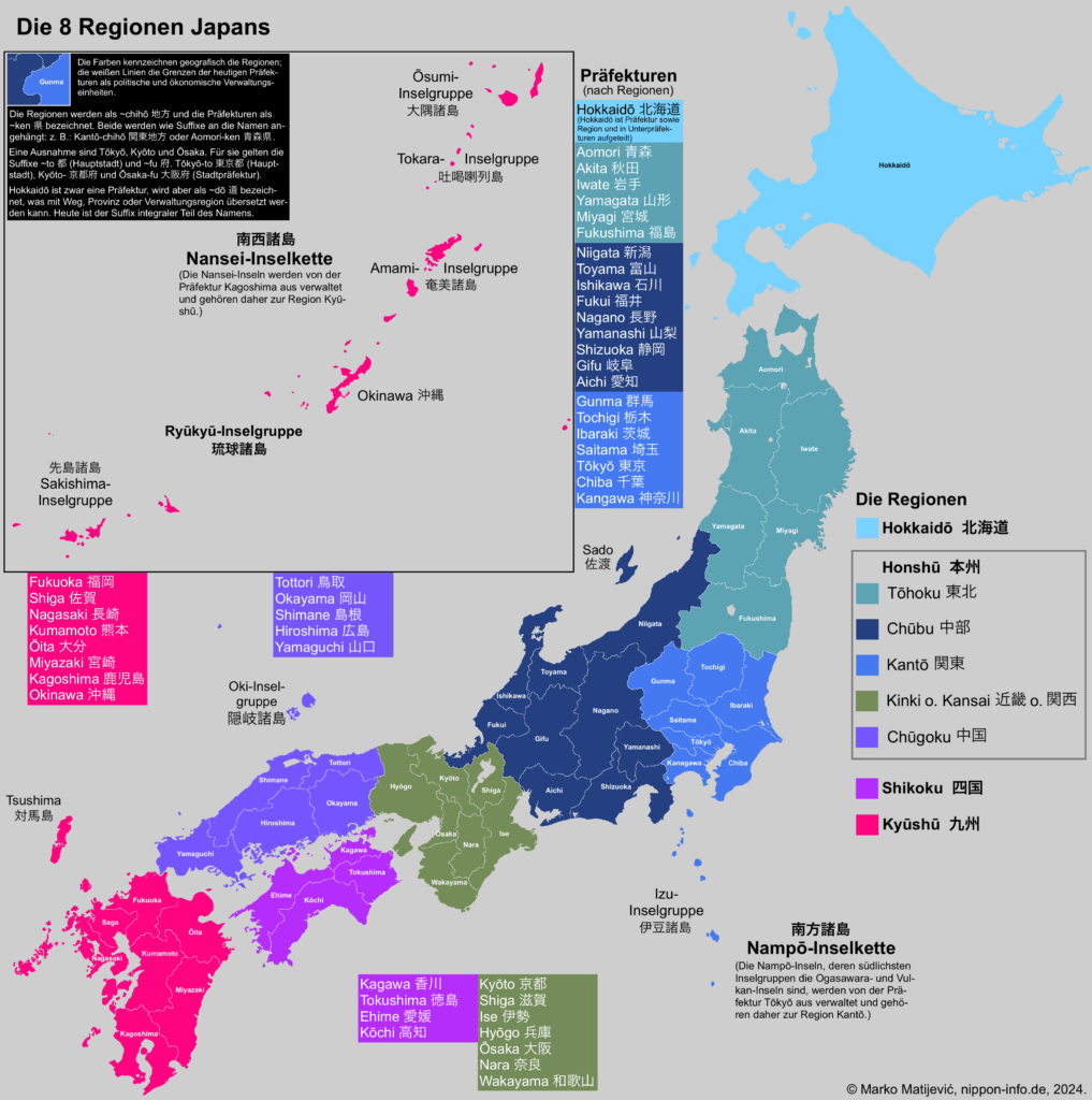 Karte der heutigen Regionen und ihrer Präfekturen Japans