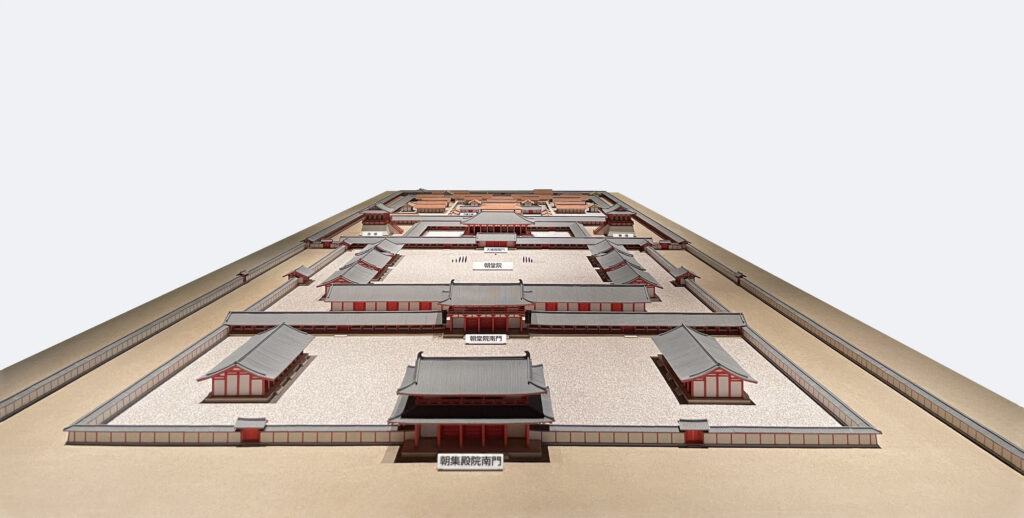 Abbildung des Modells des einstigen Palasts in Naniwa. Osaka City Museum.