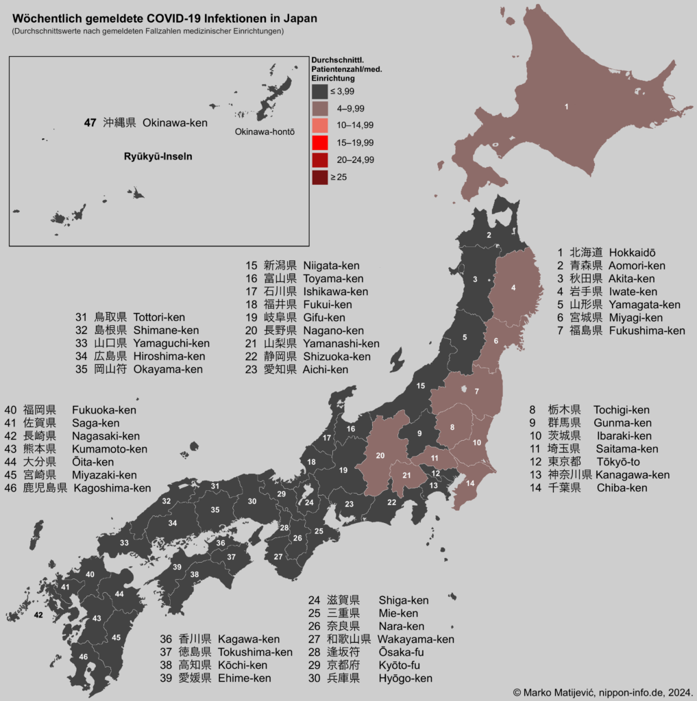 Wochendurchschnitt der COVID-19 Infektionen in Japans Präfekturen, pro medizinische Einrichtung 2024