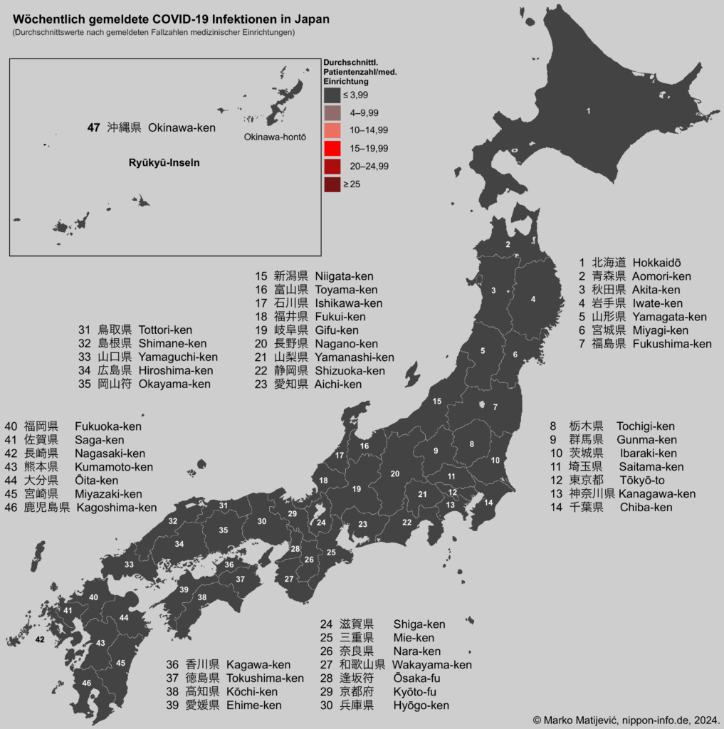 Wochendurchschnitt der COVID-19 Infektionen in Japans Präfekturen, pro medizinische Einrichtung 2024