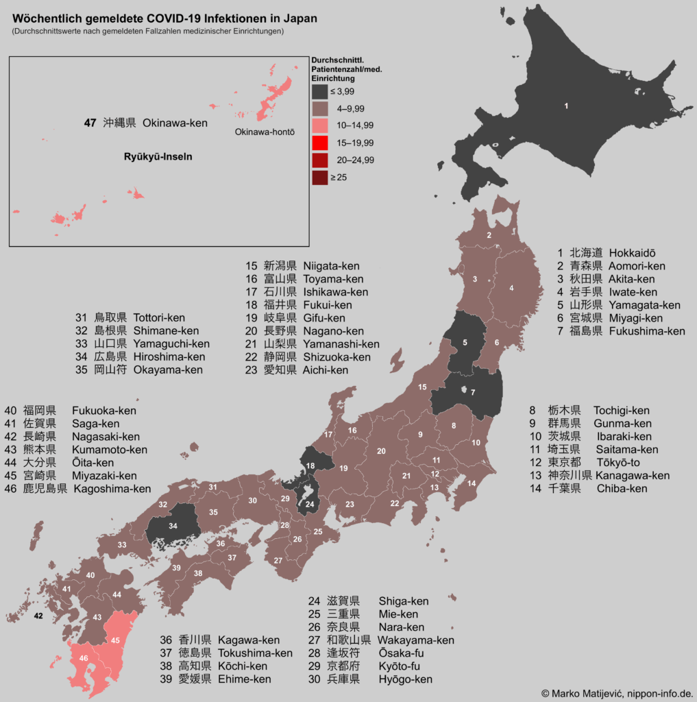 Wochendurchschnitt der COVID-19 Infektionen in Japans Präfekturen, pro medizinische Einrichtung 2025