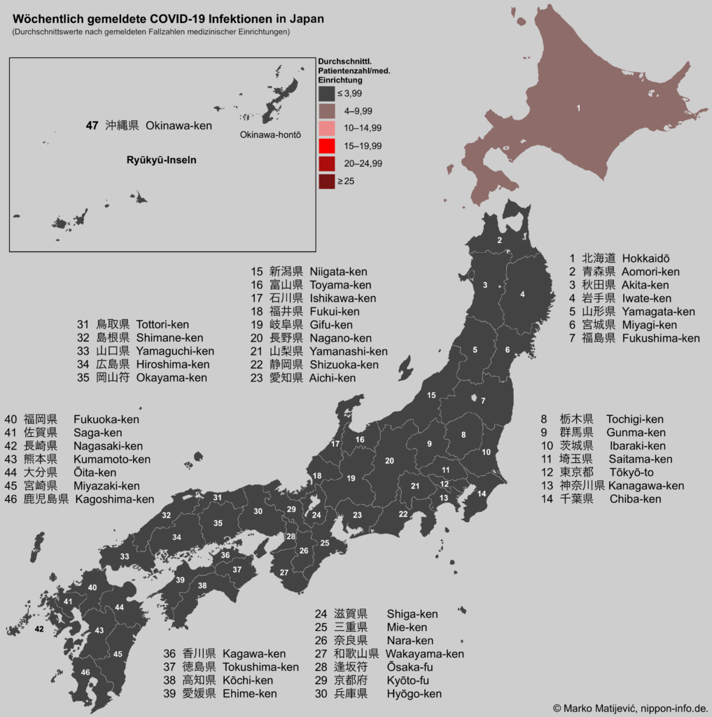 Karte mit dem Wochendurchschnitt der COVID-19 Infektionen in Japans Präfekturen, pro medizinische Einrichtung 2025