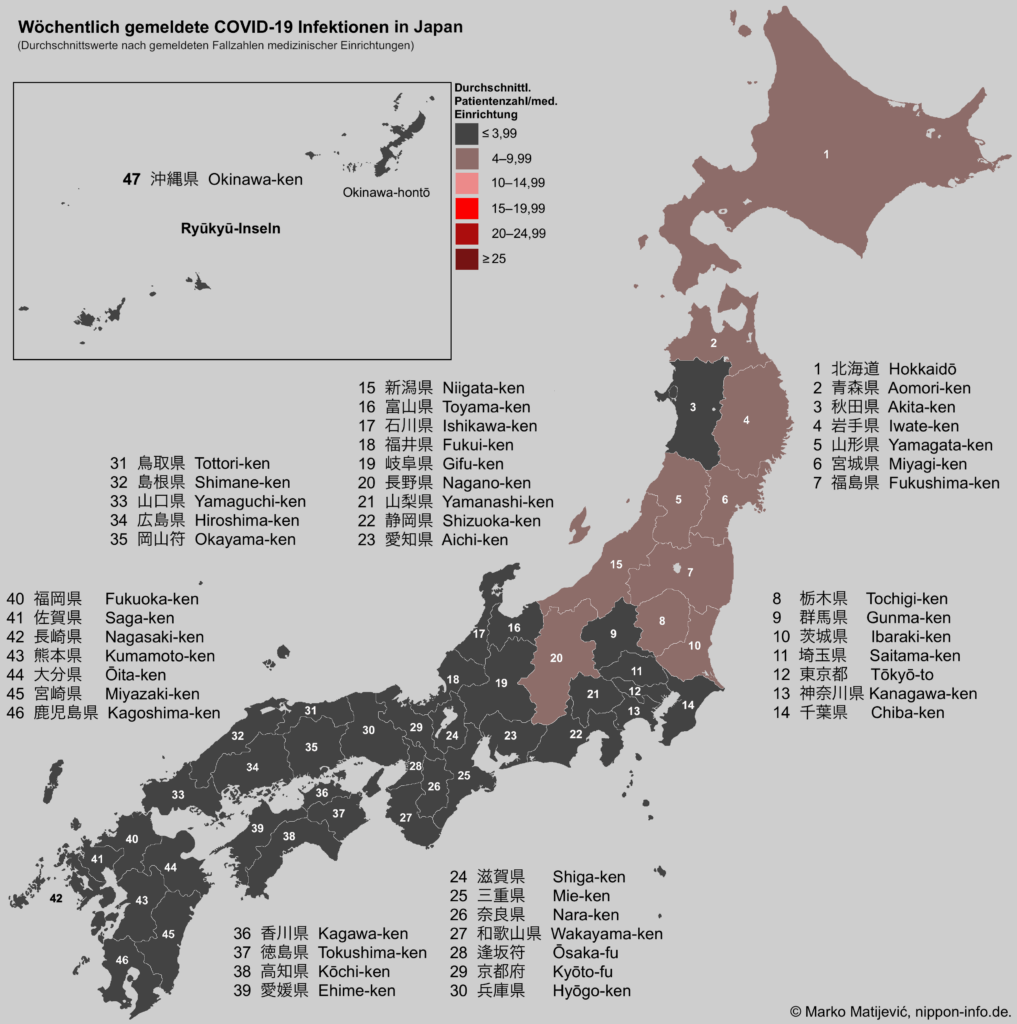 Karte mit dem Wochendurchschnitt der COVID-19 Infektionen in Japans Präfekturen, pro medizinische Einrichtung 2026