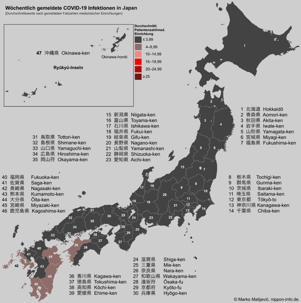 Karte mit dem Wochendurchschnitt der COVID-19 Infektionen in Japans Präfekturen, pro medizinische Einrichtung 2026