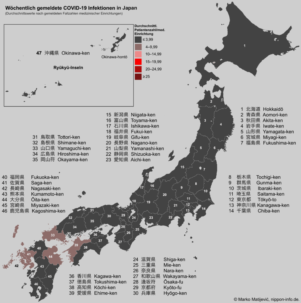 Karte mit dem Wochendurchschnitt der COVID-19 Infektionen in Japans Präfekturen, pro medizinische Einrichtung 2026